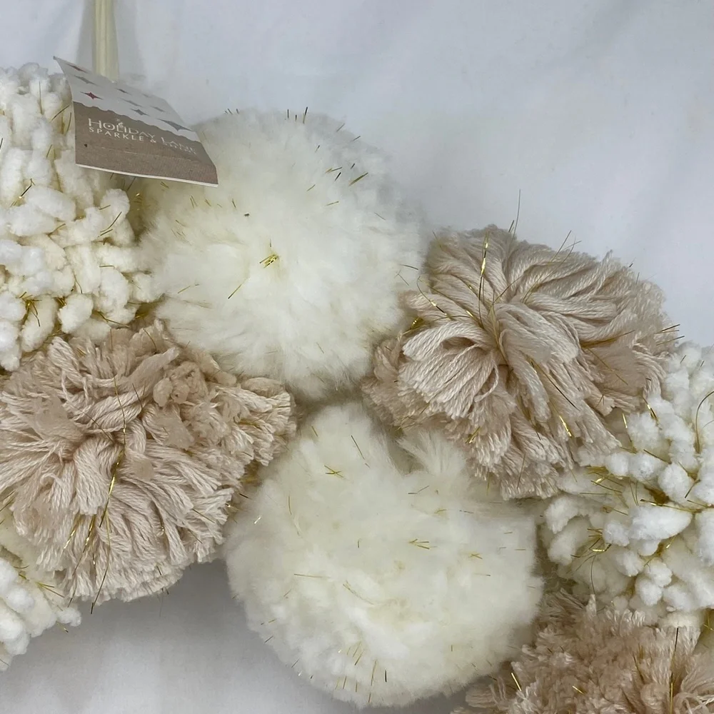Holiday Lane Round Pompom Wreath Ivory Beige Gold Tones Christmas Winter